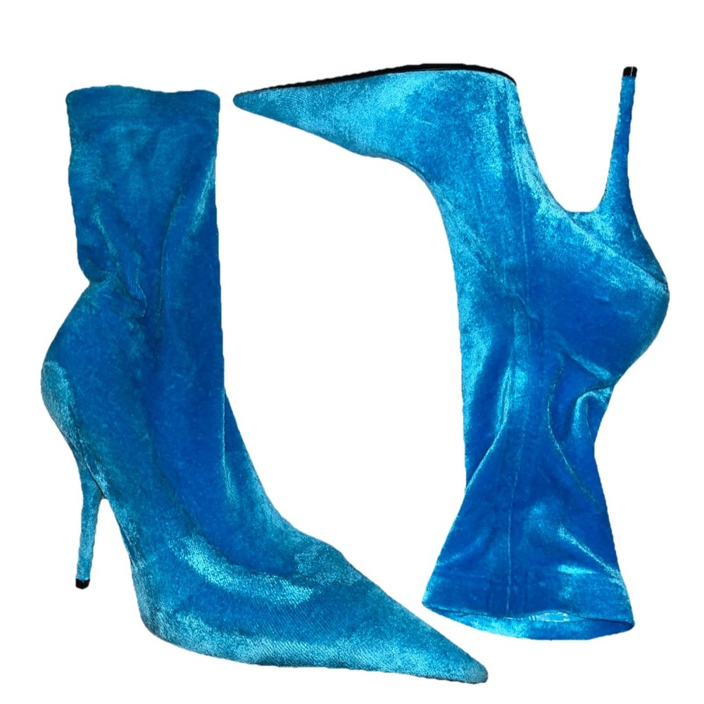 BALENCIAGA Knife Sock Boots Aqua Blue Velvet EU 38.5 US 8 Pointed Heels NWOB ⚪️ - Picture 5 of 12